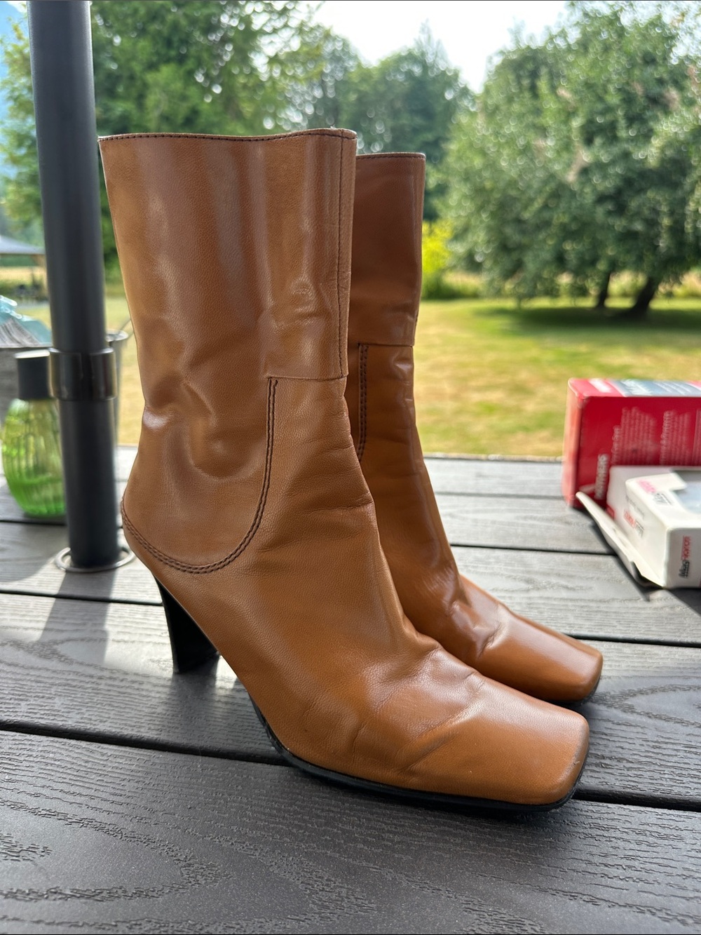 None West Women's Mid-Calf Square-Toe Brown Leather Boots